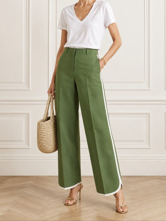 Dries Van Noten Pants - Dries Van Noten Olive Green Striped Cotton Straight-Leg Pants EU 38